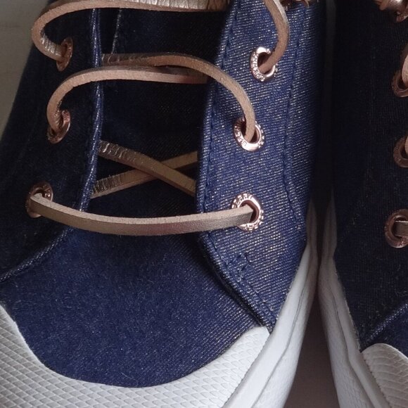 Sperry denim women's sneakers size 4M, slip on, gold leather laces, like new - Picture 15 of 15
